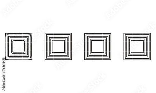 Minimalist black and white abstract vector illustration of four concentric nested square line shapes arranged horizontally on white background