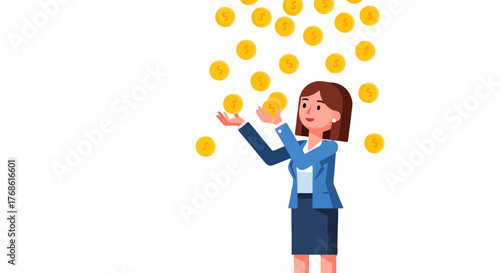 Businesswoman Appreciating Falling Coins, Representing Wealth, Financial Growth and Success