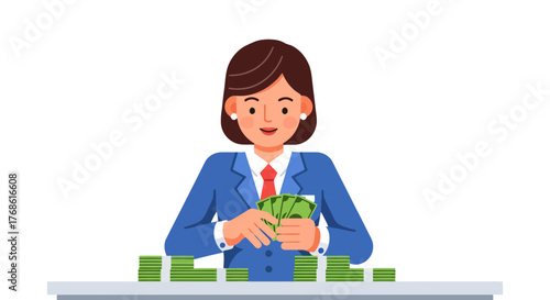 Businesswoman Counting Cash and Bundles on a Table, Showing Financial Success and Wealth