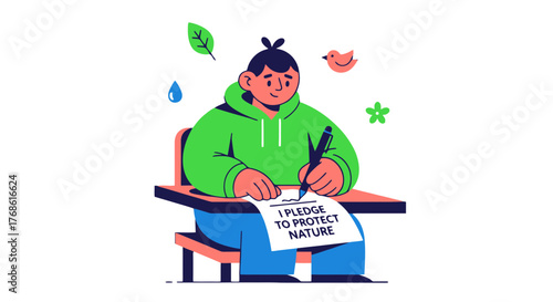 A Pledge Of Sustainable Action: Protecting Environment With Illustration And Bright Colors