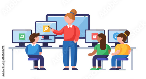 A Teacher Interacting With Students In A Classroom During A Digital Learning Session