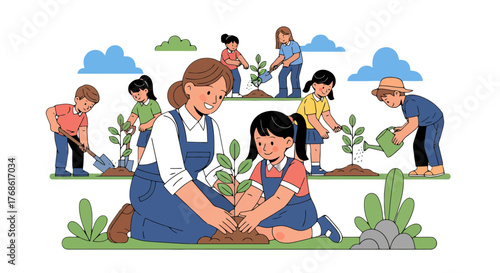 Community's Effort: Joyful Planting of Saplings in Vibrant Illustration of Future Growth