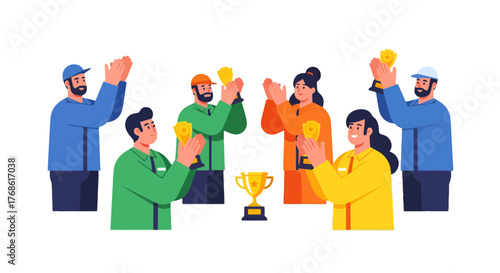 Award Celebration: Team Recognized For Achievement And Applause With Gold Trophy