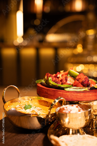Indian Dinner Set with Curry, Tandoori and Dessert in Golden Bowls