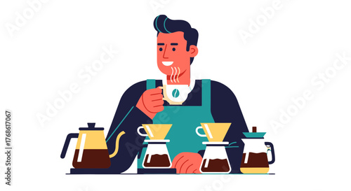 Barista Brewing Delight: A Cartoon Illustration Of Coffee Connoisseur Enjoying The Brew
