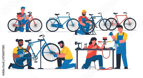 Bicycle Mechanics At Work Fixing and Repairing, Vector Illustrative Flat Design