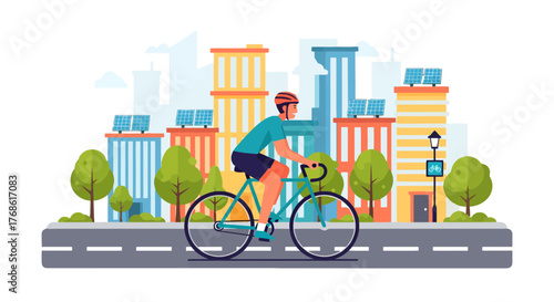 Bicyclist Cycling With Buildings and Solar Panels Promoting Green Transportation