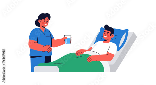 Compassionate Nurse Offers Water To An Admiring Patient In Hospital Bed Scene