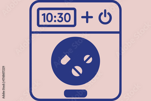 Simple blue icon of a washing machine with a digital display showing 10 30 and a power button