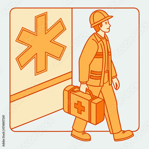 Emergency worker walking with medical kit outside a building