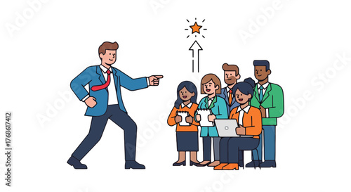 Business Leader Directs Team Towards a Star of Success and Collective Achievement