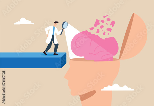 Doctor examines amnesia patient brain using magnifying glass, illustrating memory loss, dementia disorders and alzheimer disease. Concept of mental illnesses, psychology and anxiety