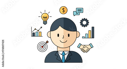 Business Leader Surrounded By Icons Representing Conceptual Strategies And Success