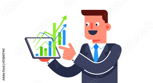 Business Leader Showcasing Growth Statistics on a Digital Tablet with Animated Arrows