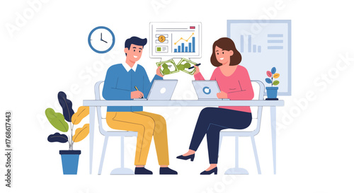 Business Partners Analyzing Financial Growth: Profitable Collaboration And Successful Investment