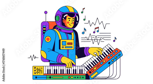 Cosmic Composer: Astronaut Creating Music with Synth on a Vibrant Black Background