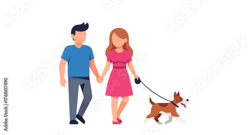 Couple Bonding While Walking The Dog: A Leisurely Stroll In Evening Time.