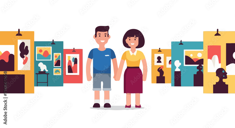 Fototapeta premium Couple Holding Hands While Viewing Artworks Within A Modern Art Gallery Setting