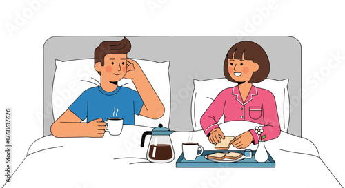 Couple Enjoying Breakfast In Bed With Coffee and Toast, Relaxing Together In Comfort