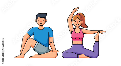 Couple Performing Yoga Poses Cartoon Illustration Peaceful Exercise And Wellness