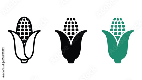 Three stylized icons of corn on the cob in black and white and teal.