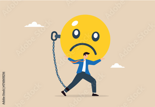 Depressed businessman carries burdened sad face with heavy chain, illustrating weighed down by stress, anxiety, negative emotions. Concept of anger, overwhelm, overworked, mental health or depression
