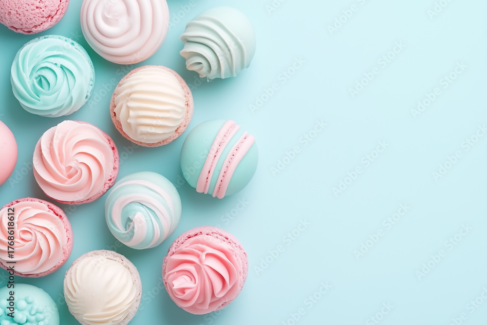Fototapeta premium Pastel macarons and cupcakes on soft pastel background, sweet minimal dessert composition.