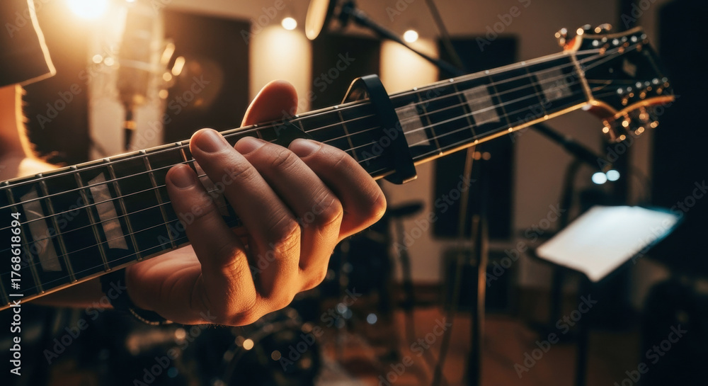 Obraz premium A person playing an acoustic guitar with a capo, focusing on the hand positioning on the fretboard in a dimly lit music studio.