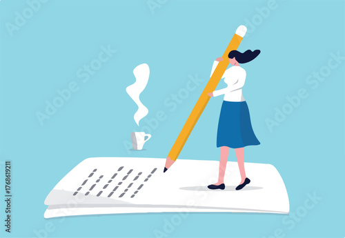 Content writer, blogger, bullet journalist or publishing editor concept, young smart woman freelance holding big pencil thinking and writing content on notepad paper with cup of coffee