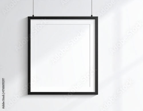 Minimal empty square black frame picture mock up hanging on white wall background