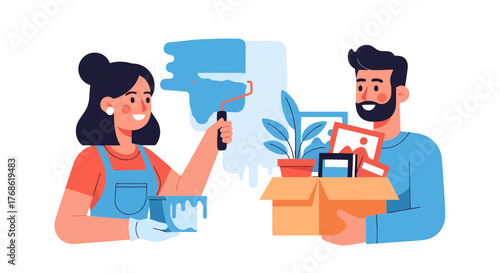 Couple Renovating Home Together Painting Walls and Moving Belongings In Harmony