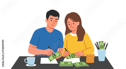 Couple Reviewing Finances and Organizing Money for Financial Planning and Investments