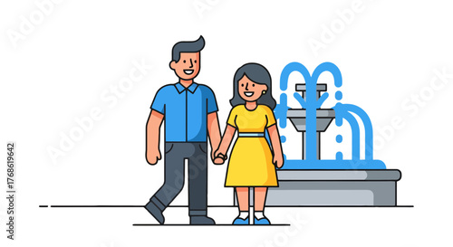 Couple Walking Happily Near a Fountain, Animated Illustration With Black Background
