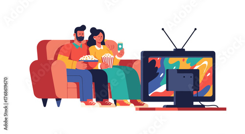 Couple Watching Television And Enjoying Snacks In Their Home, Having A Relaxing Time