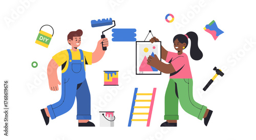 Decorating Duo in Vibrant Illustration, Creating Home Aesthetic and Design, Artistic Approach