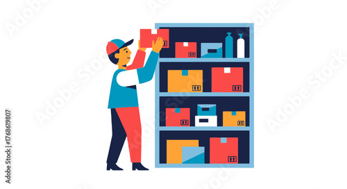 Delivery Worker Organizing Packages on Shelf For Shipment and Delivery Services