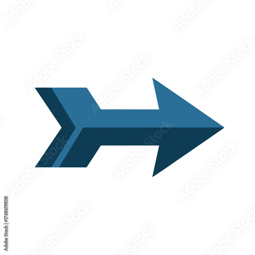 A stylized blue arrow pointing right with a slight shadow effect on a plain white background space