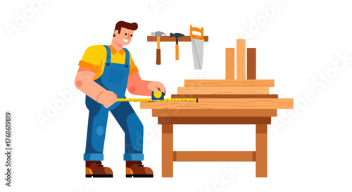 Craftsman Measuring Wood Plank for Carpentry Project with Saw and Tools Illustration
