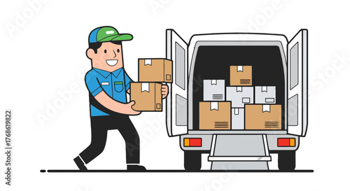 Delivery Worker Loads Packages into Van Ready for Transportation Services