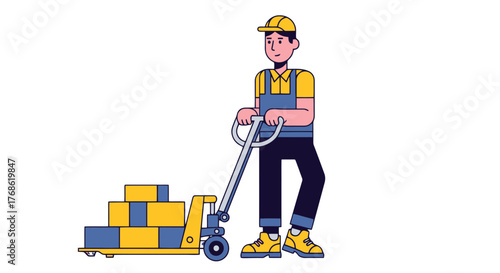 Delivery Worker Transporting Boxes Using A Pallet Jack On A Dark Background