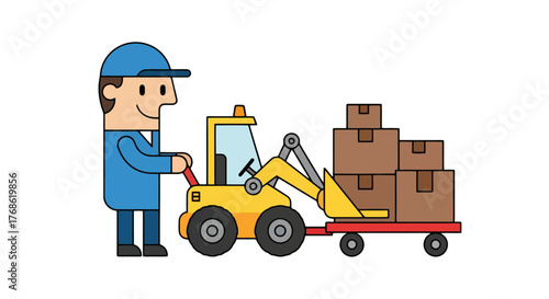 Delivery Worker Transports Packages Using Industrial Equipment for Efficient Distribution