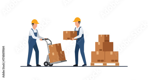 Delivery Workers Loading and Unloading Cardboard Boxes for Shipping and Logistics