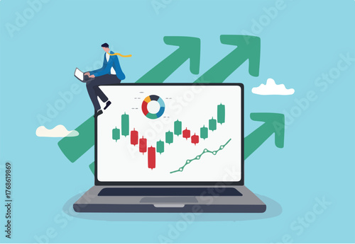 Stock trading or crypto currency investing, technical analysis for investment, financial graph and chart, stock market or currency exchange concept, businessman investor using laptop to trade graph