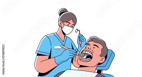 Dental Examination: A Modern Cartoon Illustration of A Dentist Checking a Patient's Teeth