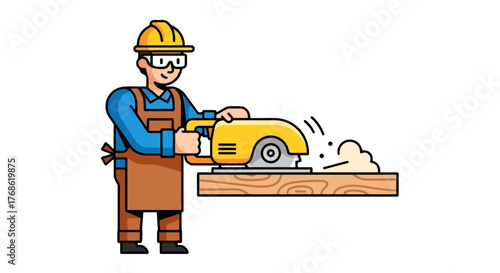 Craftsman Using Circular Saw to Cut Wooden Board, Woodworking and Carpentry Concept