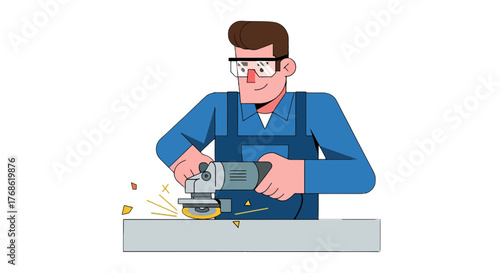 Craftsman Using Grinder Creates Sparks With Safety Glasses On Black Background