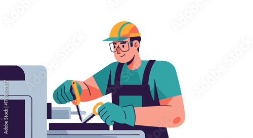 Craftsman Working on a Machine, Wearing Protective Gear, Isolated on Black Background