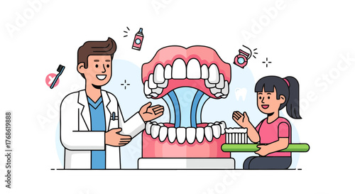 Dental Health Education Cartoon Illustrating Proper Brushing Techniques And Oral Hygiene