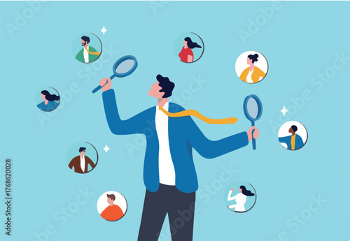 Recruitment finding candidate for job applicant, human resources HR analyze or scan candidate winner, search new people for job opportunity concept, HR recruiter magnifying glass analyze candidate.