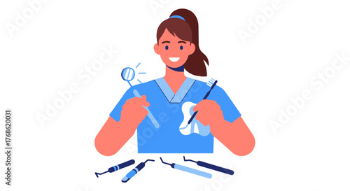 Dentist Performing Dental Care And Showing Relevant Tools For Examination At Clinic